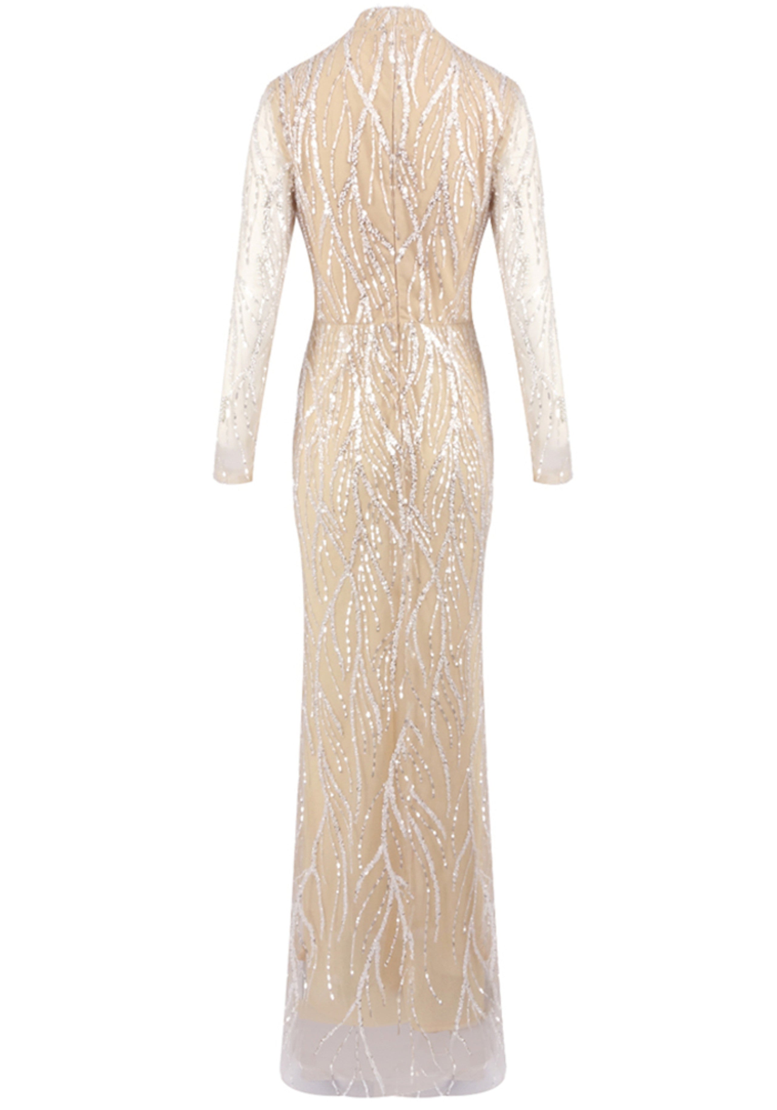 Charnita Long Sleeve Sequin Pearl Maxi Dress In Nude