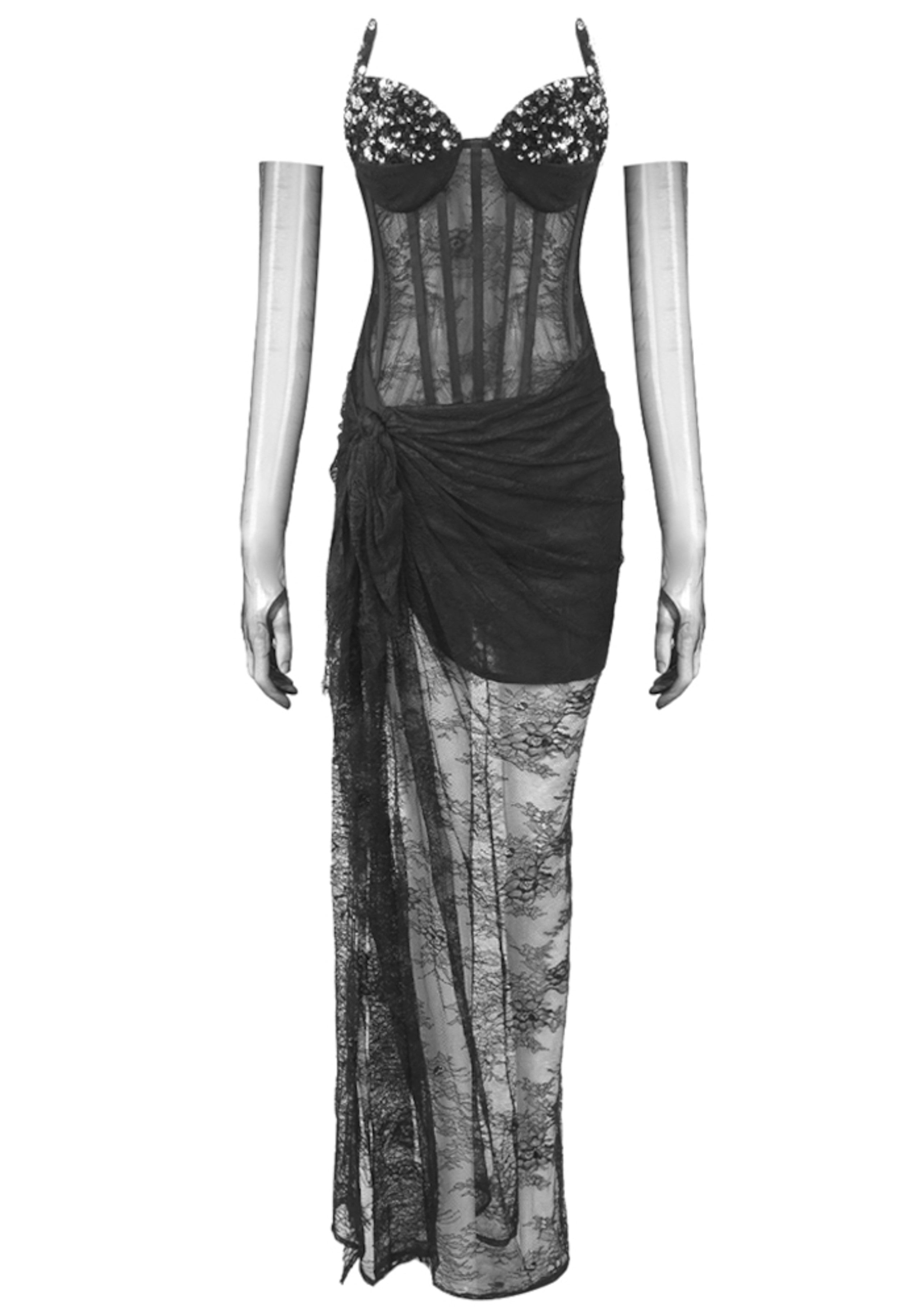 Xylia Strapless Sequin Lace Corset Maxi Dress In Black