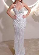 Aelorin Halter Pearl Detail Sequin Maxi Dress In White