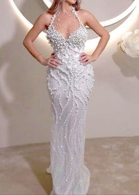 Aelorin Halter Pearl Detail Sequin Maxi Dress In White