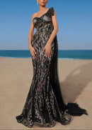 Joviana One Shoulder Sequin Maxi Dress In Black Gold