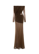 Cryxel Off-Shoulder Draped Mesh Maxi Dress In Brown