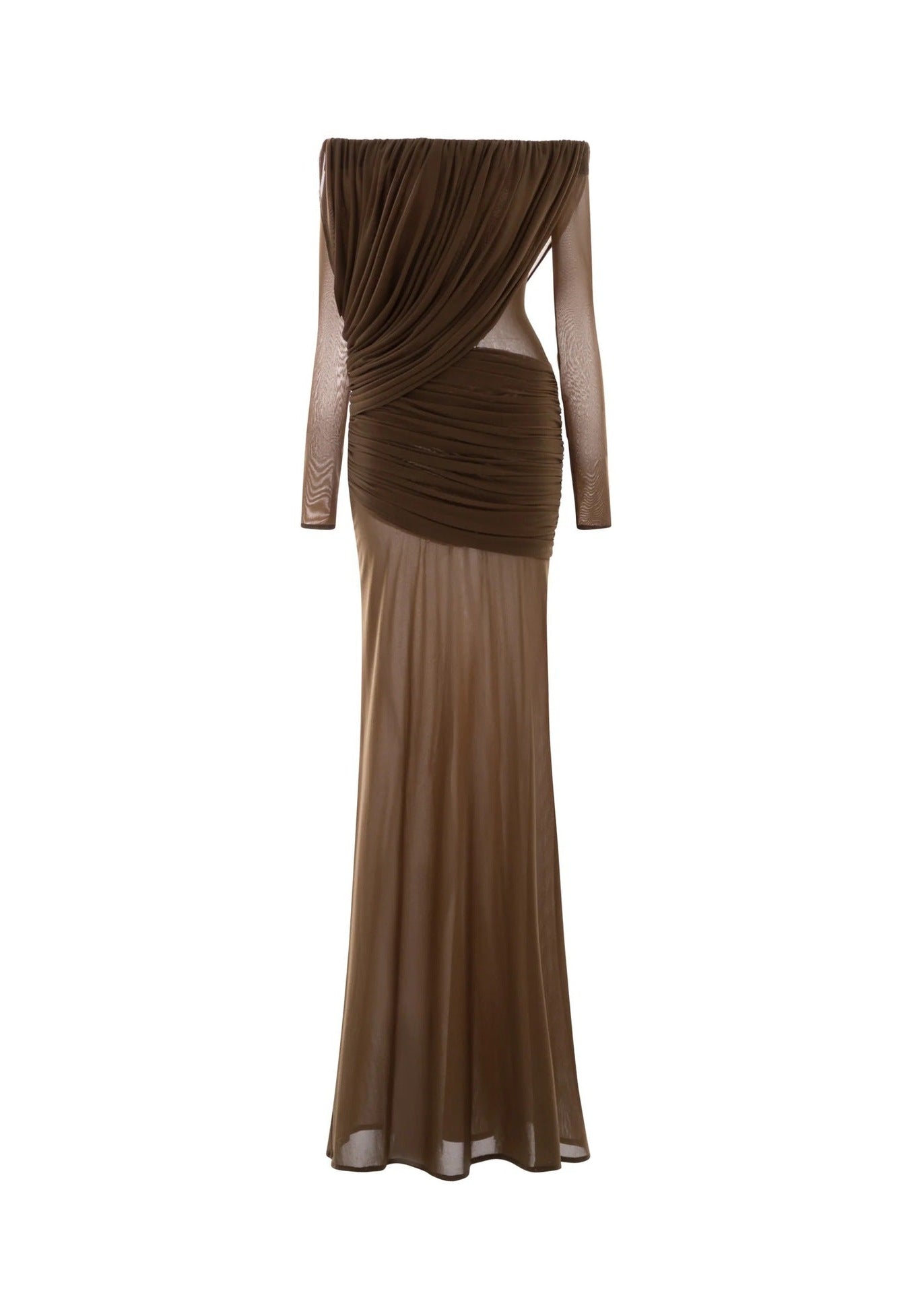 Cryxel Off-Shoulder Draped Mesh Maxi Dress In Brown