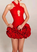 Alythia Halter Lace Insert Floral Dress In Red