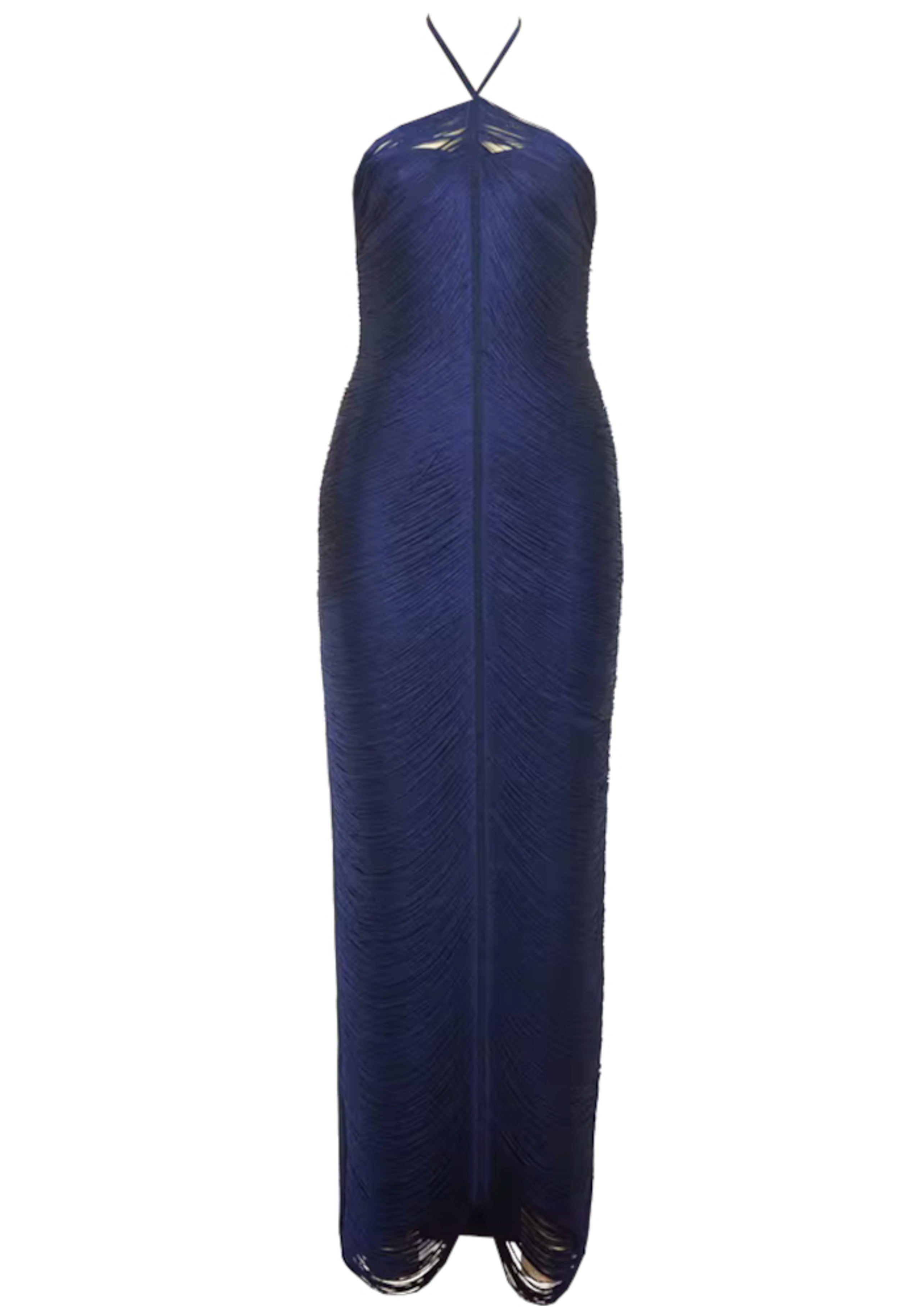 Helaine Halter Tassel Detail Maxi Dress In Blue