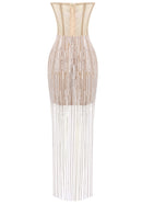 Dezba Strapless Sequin Tassel Maxi Dress In Nude