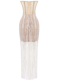 Dezba Strapless Sequin Tassel Maxi Dress In Nude