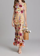 Chesley Floral Embroidery Mesh Fishtail Midi Dress In Brown