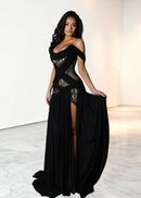 Koryden Off Shoulder Lace Split Maxi Dress
