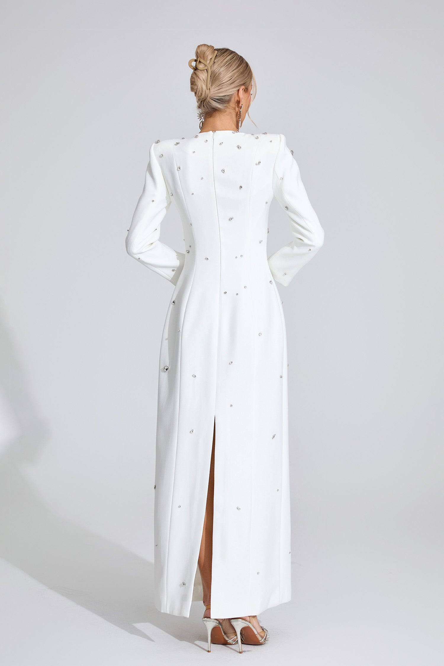 Bethel Long Sleeve Crystal A Line Maxi Dress In White
