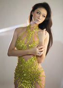 Craven Halterneck Rhinestone Mini Dress In Yellow
