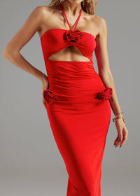 Monika Flower Halter Cutout Dress In Red