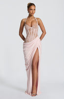 Emsiko Halterneck Lace Corset Split Dress In Pink