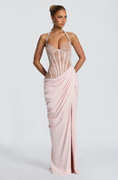 Emsiko Halterneck Lace Corset Split Dress In Pink