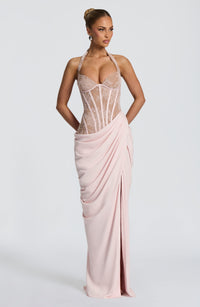 Emsiko Halterneck Lace Corset Split Dress In Pink