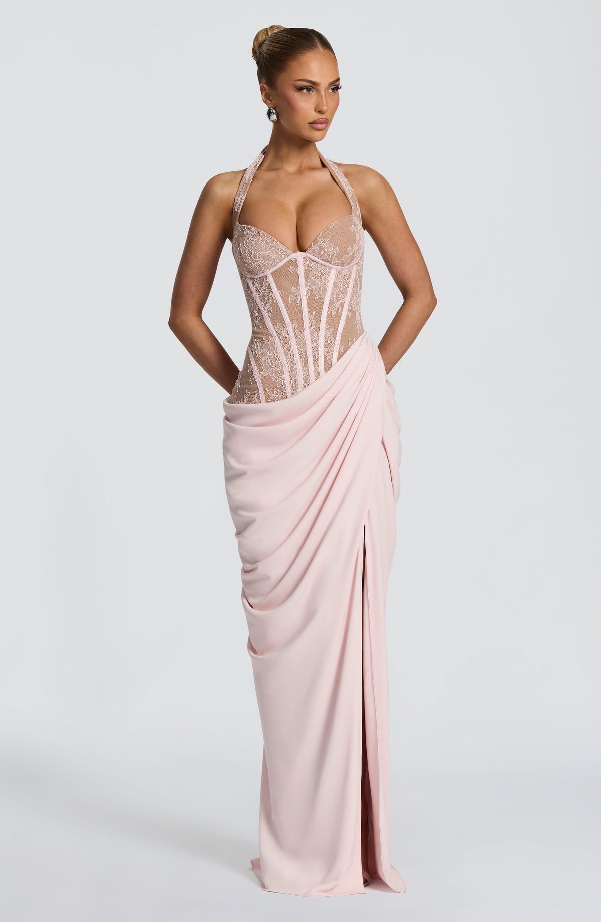 Emsiko Halterneck Lace Corset Split Dress In Pink