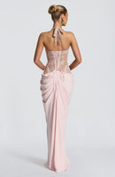 Emsiko Halterneck Lace Corset Split Dress In Pink