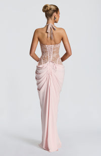 Emsiko Halterneck Lace Corset Split Dress In Pink