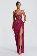 Emsiko Halterneck Lace Corset Split Dress In Wine