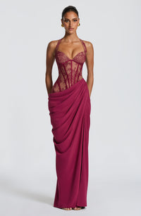 Emsiko Halterneck Lace Corset Split Dress In Wine