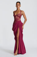 Emsiko Halterneck Lace Corset Split Dress In Wine