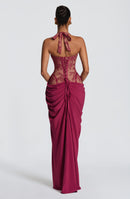 Emsiko Halterneck Lace Corset Split Dress In Wine