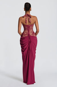 Emsiko Halterneck Lace Corset Split Dress In Wine