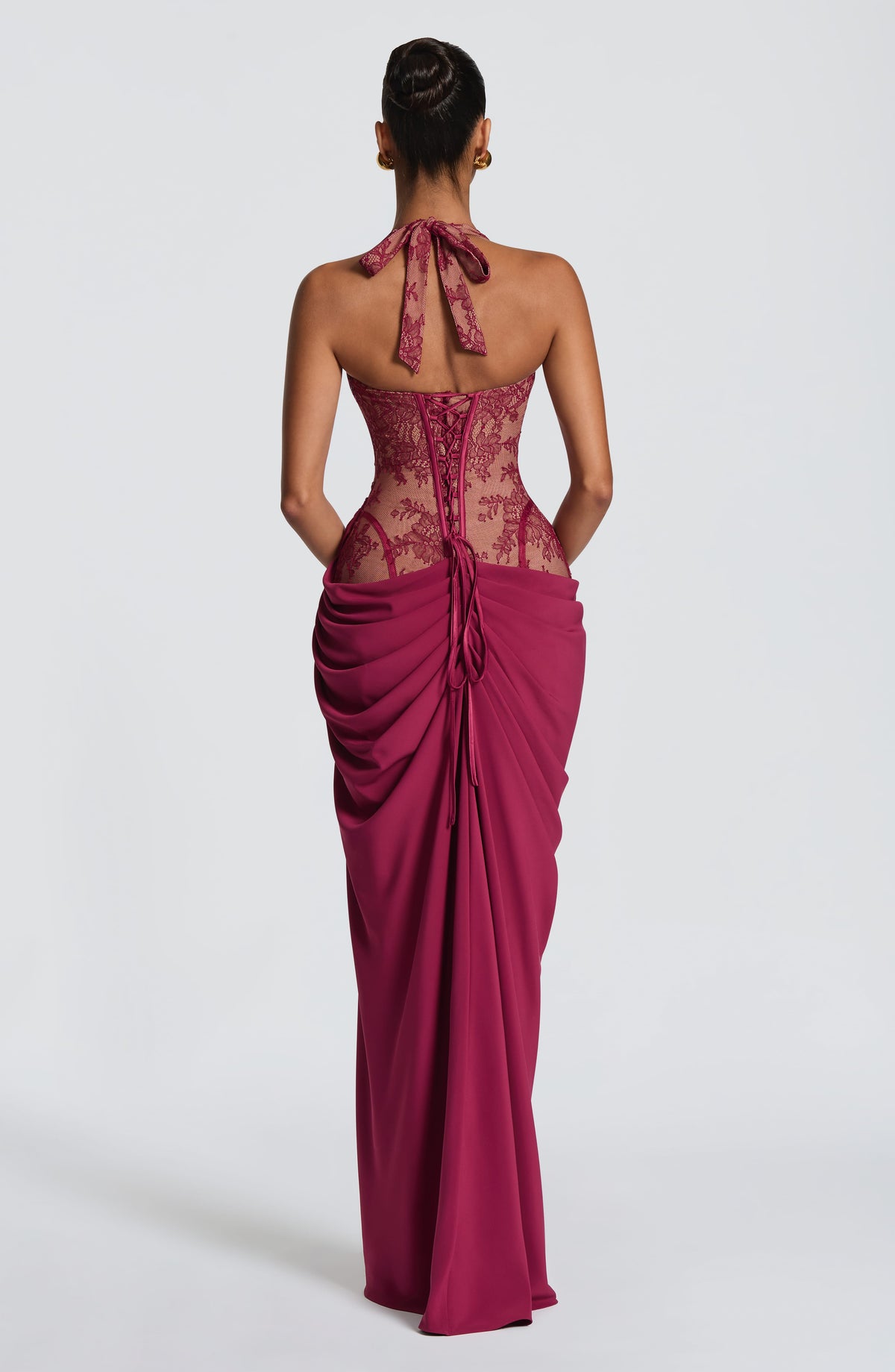 Emsiko Halterneck Lace Corset Split Dress In Wine