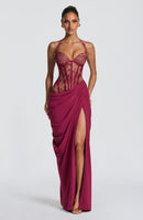 Emsiko Halterneck Lace Corset Split Dress In Wine