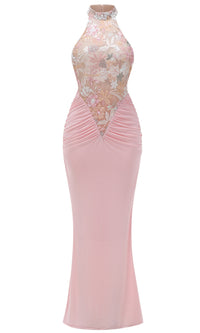 Kyxara Halter Floral Sequin Embroidered Maxi Dress In Pink