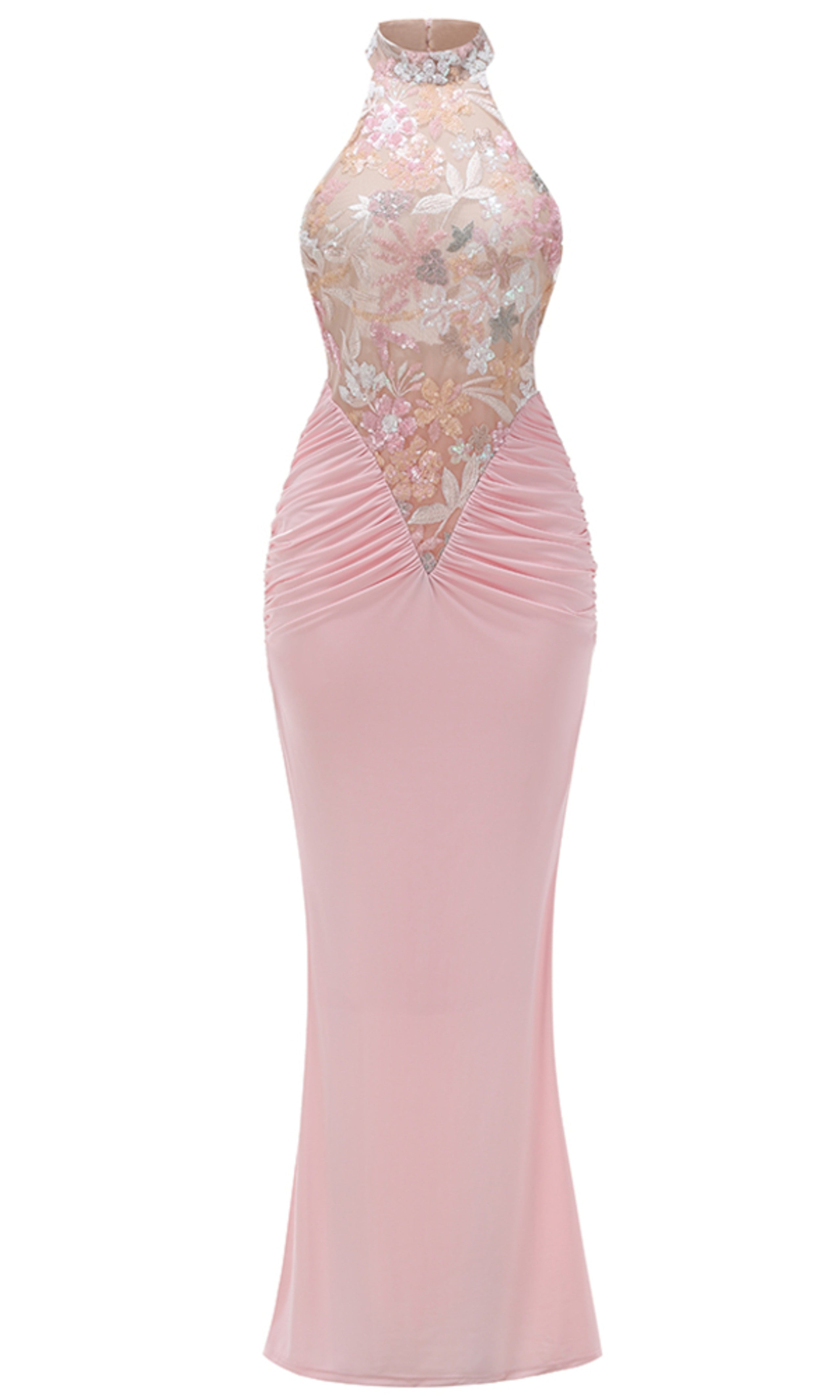 Kyxara Halter Floral Sequin Embroidered Maxi Dress In Pink