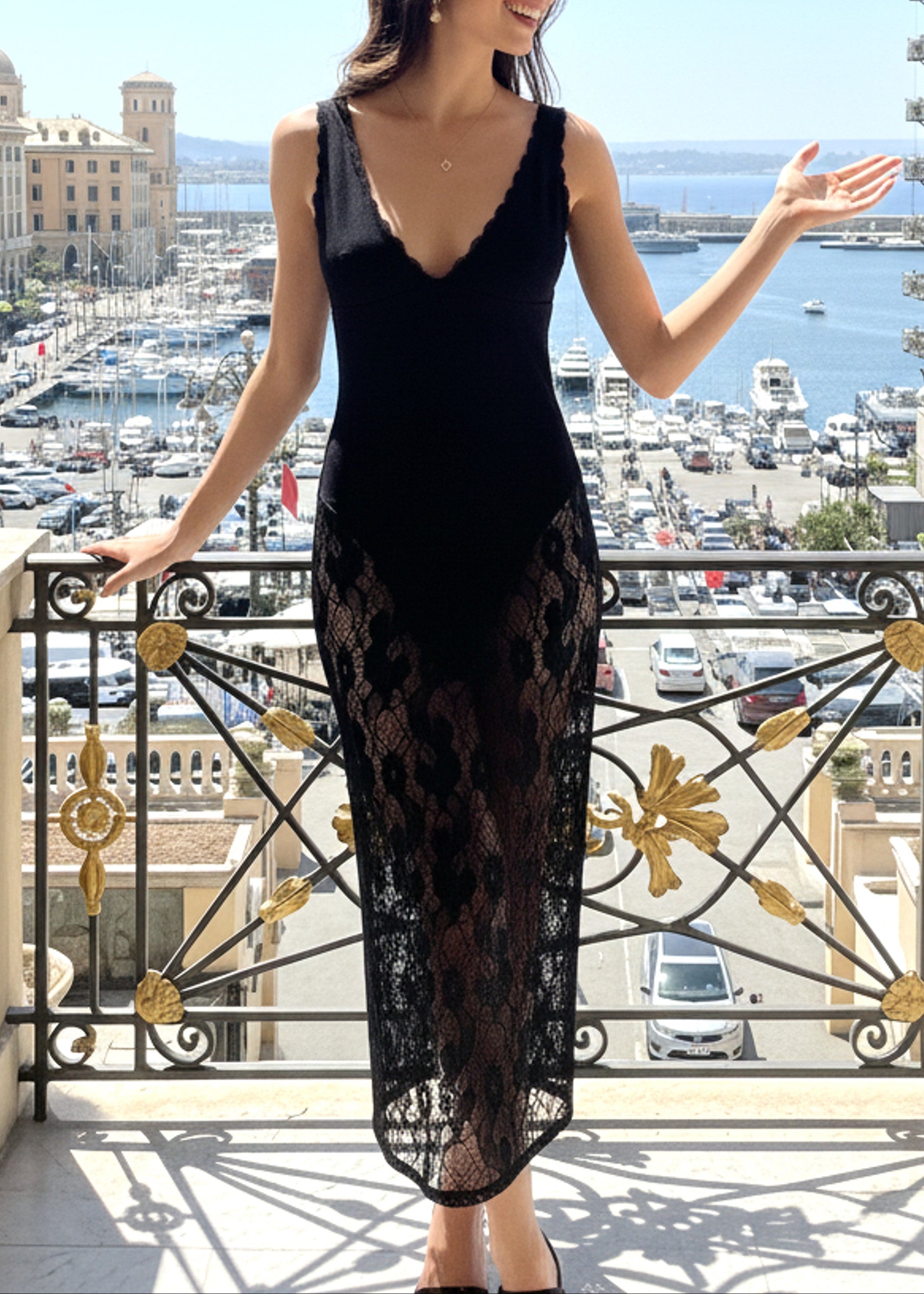 Fariba Scalloped Lace Midi Dress In Black