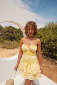 Larry Strapless Ruffle Mini Dress In Yellow