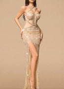 Palti Halter Sequin Bustier Maxi Dress In Gold