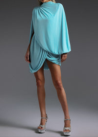 Dravyx Long Sleeve Fold Splice Mini Dress In Blue