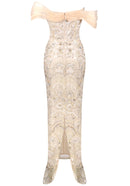 Rhenja Bardot Sequin Bustier Maxi Dress In Peach