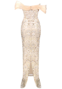 Rhenja Bardot Sequin Bustier Maxi Dress In Peach