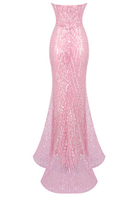 Adriel Strapless Crystal Bustier Sequin Maxi Dress In Pink