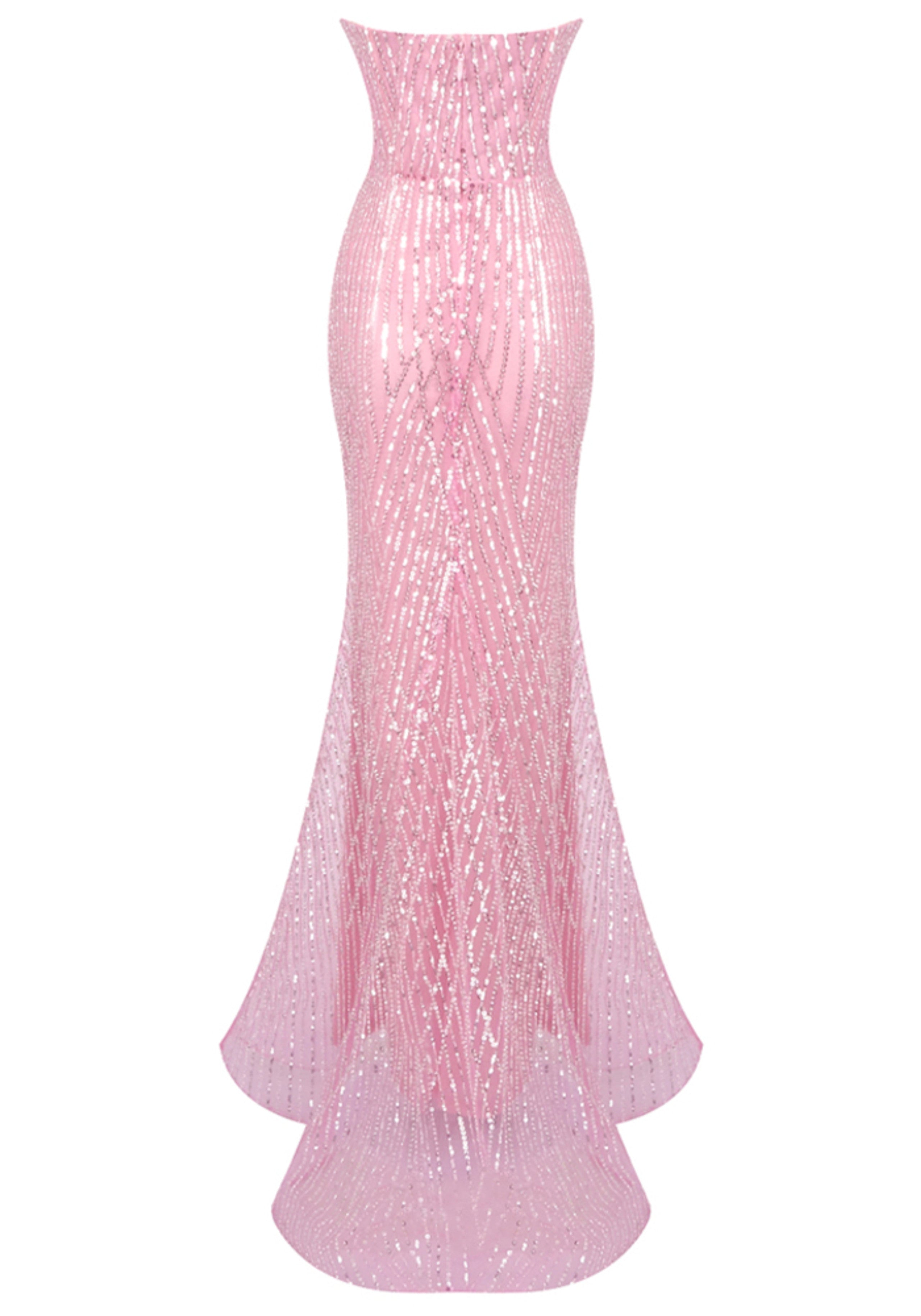 Adriel Strapless Crystal Bustier Sequin Maxi Dress In Pink