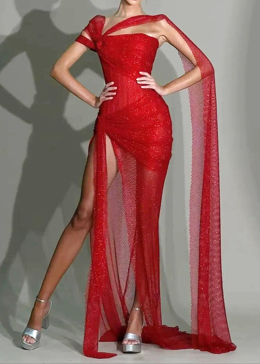 Archki Sparkly Draped Maxi Dress In Red