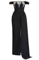 Naldrix Feather Bardot Crystal Maxi Dress In Black