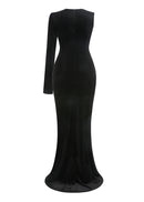 Fareeha One Sleeve Bow Detail Maxi Velvet Dress In Black White