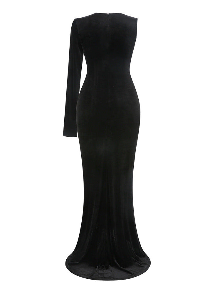 Fareeha One Sleeve Bow Detail Maxi Velvet Dress In Black White