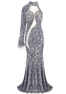 Jaron One Sleeve Sequin Maxi Dress In Grey