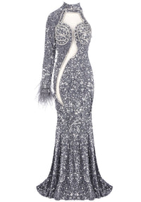 Jaron One Sleeve Sequin Maxi Dress In Grey
