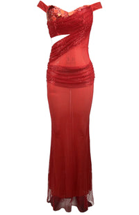 Kyrithia Mirrored Bardot Sparkly Draped Maxi Dress In Red