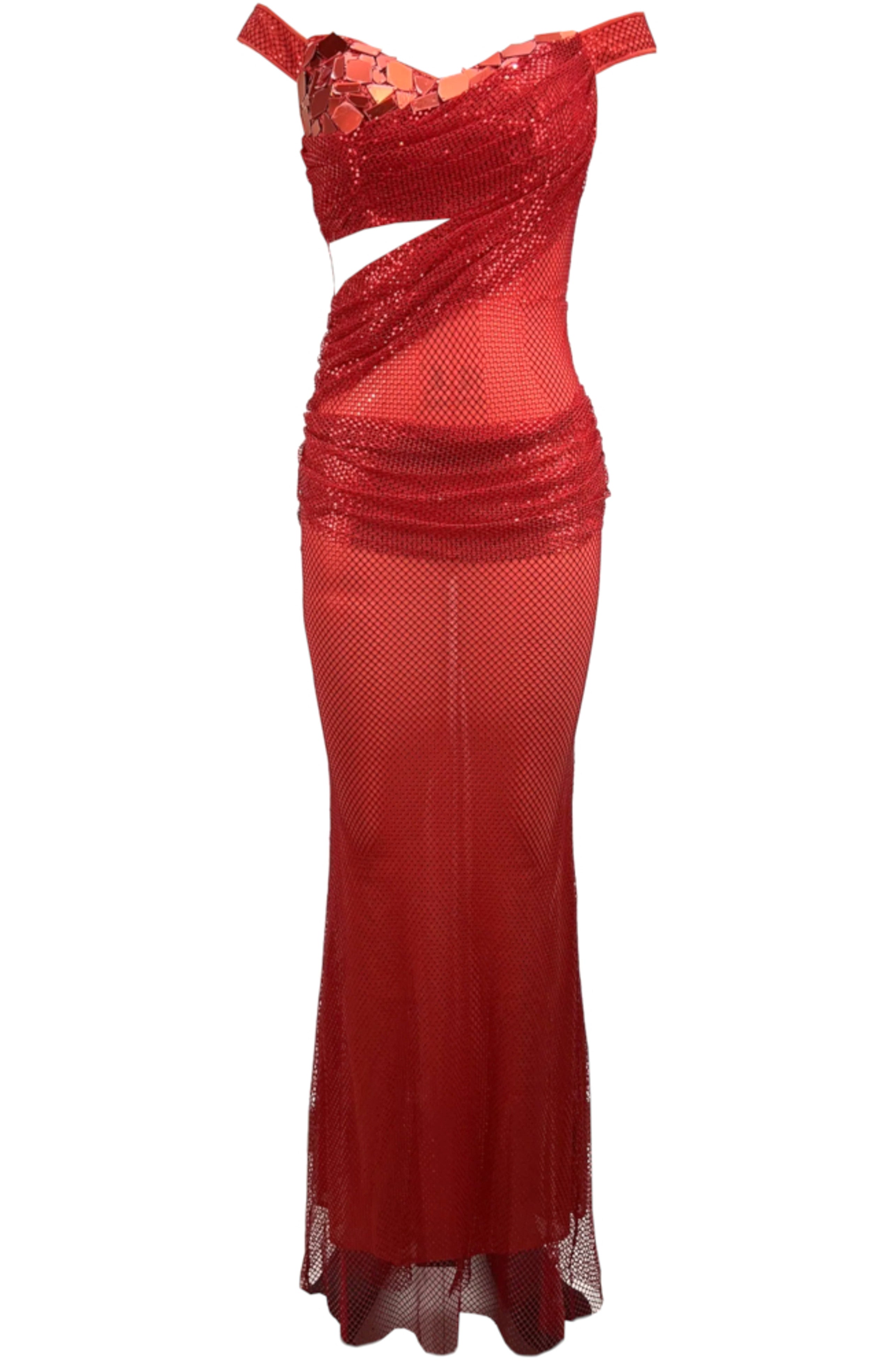 Kyrithia Mirrored Bardot Sparkly Draped Maxi Dress In Red