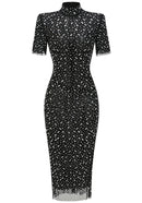 Maelthas Short Sleeve Crystal Mesh Maxi Dress In Black