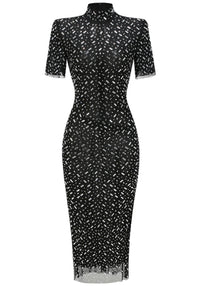 Maelthas Short Sleeve Crystal Mesh Maxi Dress In Black