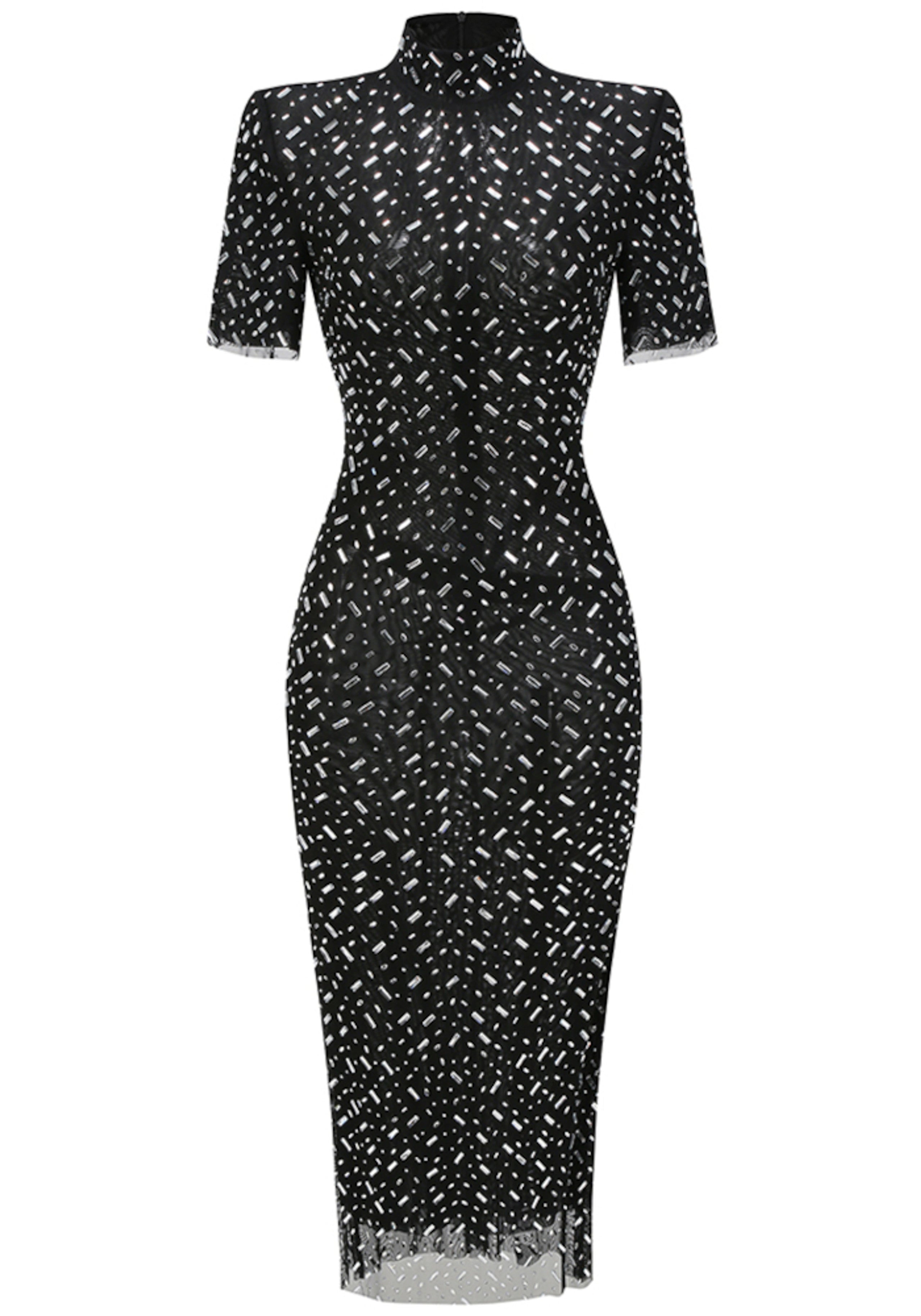 Maelthas Short Sleeve Crystal Mesh Maxi Dress In Black